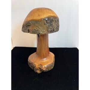 Hand Carved Wooden Mushroom Sculpture Rustic Wood Bark Edge Folk Art Decor